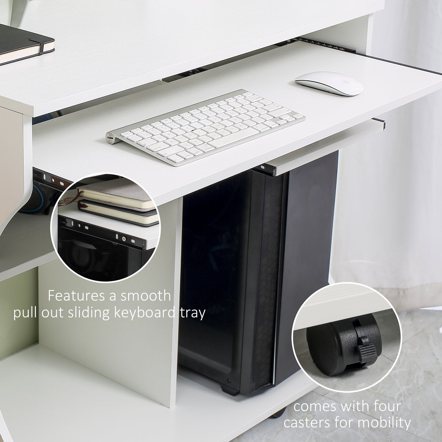 Computer Table Study Desk with Sliding Keyboard Tray, White
