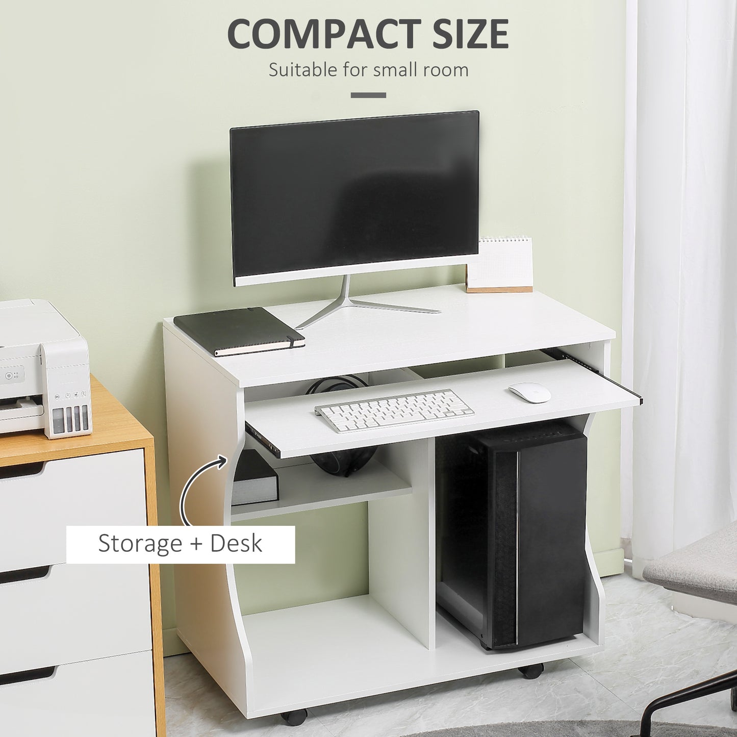 Computer Table Study Desk with Sliding Keyboard Tray, White