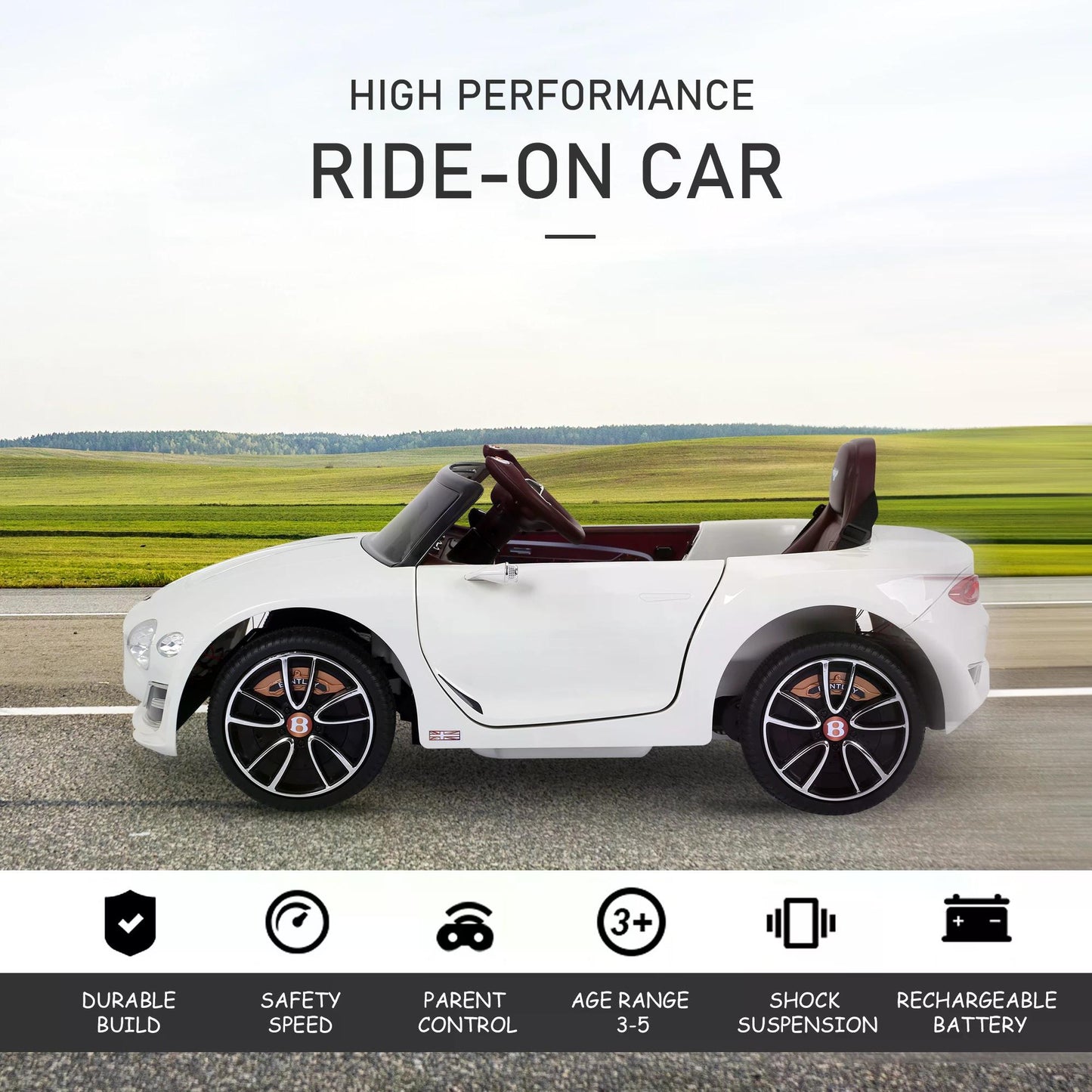 HOMCOM Compatible 12V Kids Children Electric Ride-on Car Bentley GT Twin Motors with LED Lights Music Parental Remote Control White