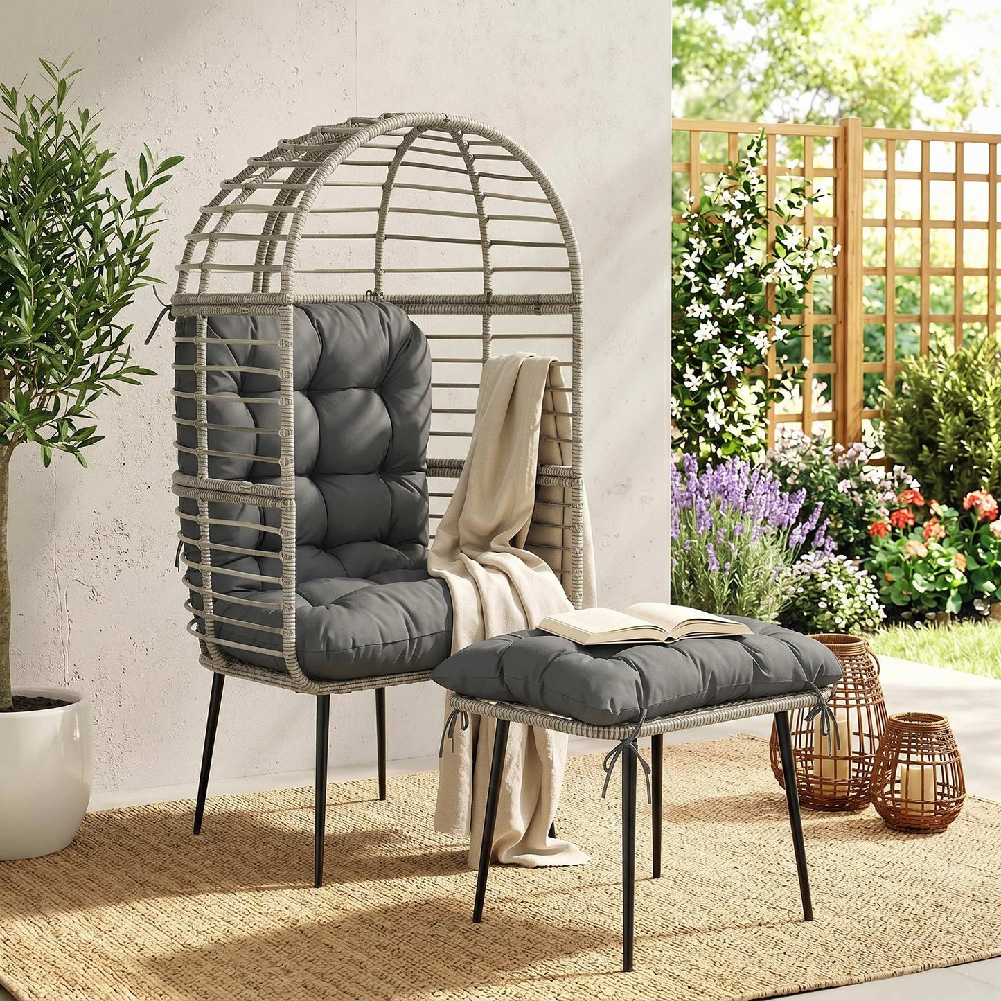 Standing Garden Egg Chair with Footstool, PE Rattan Outdoor Lounge Chair and Ottoman Set with Thick Cushions, Indoor Outdoor Egg Basket Seating for Patio Balcony Porch, Light Grey