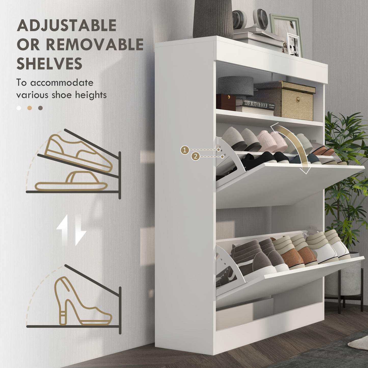 Wall Mounted or Freestanding Shoe Cabinet with 2 Flip Drawers, White