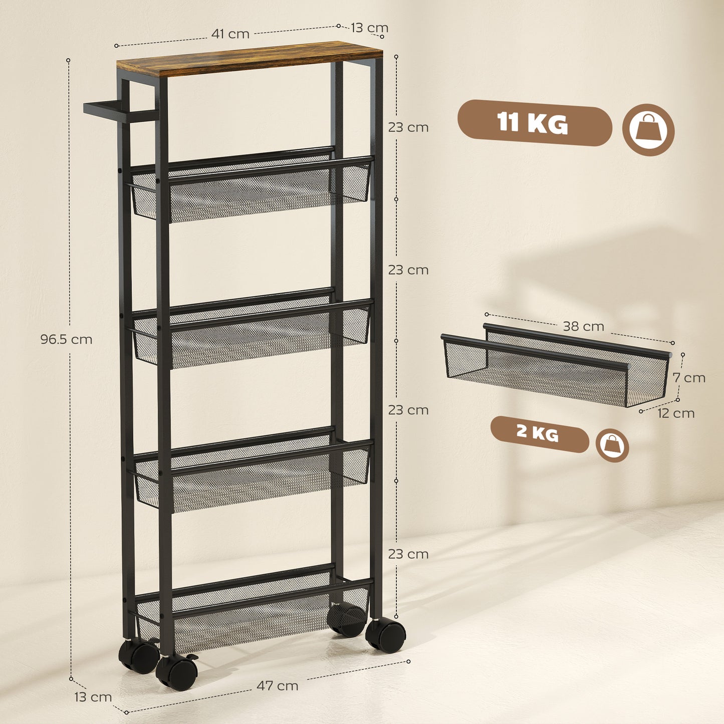Rolling Kitchen Trolley, Slim Storage Cart with Metal Frame, Handle