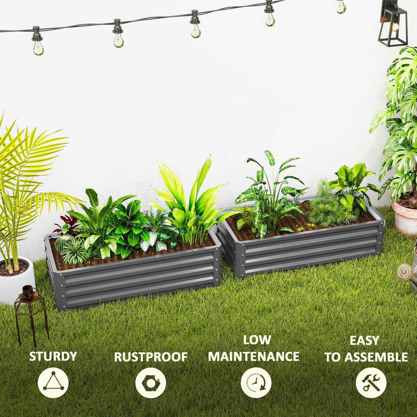 Set of 2 Raised Garden Bed Galvanised Planter Box, Light Grey
