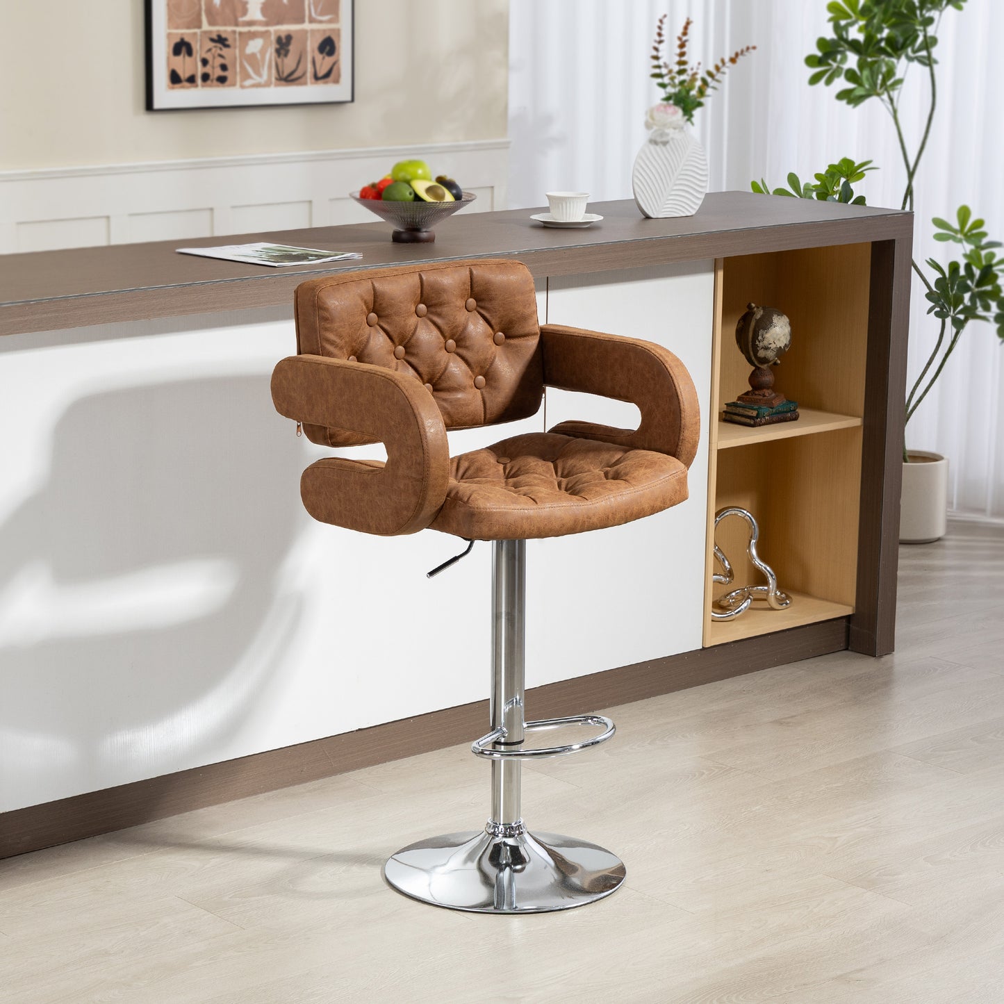 Adjustable Height Barstool Steel Pole PU Leather, Brown