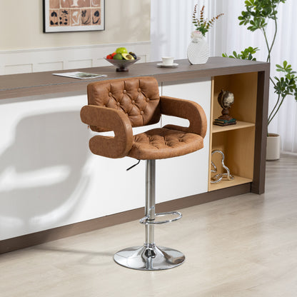 Adjustable Height Barstool Steel Pole PU Leather, Brown