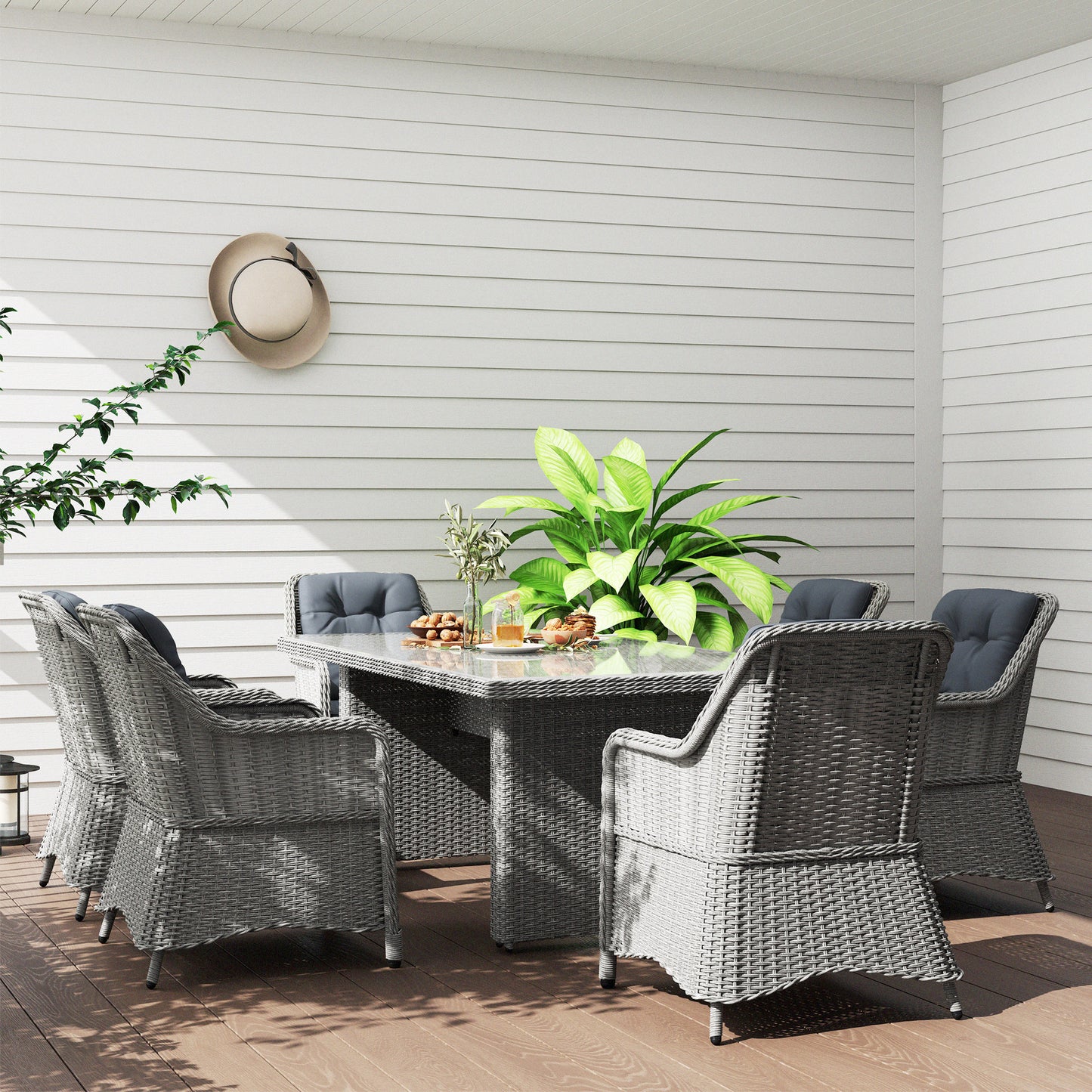 6 Seater Rattan Dining Set with Glass Top Table and Cushions, Grey