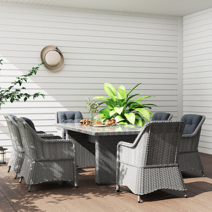6 Seater Rattan Dining Set with Glass Top Table and Cushions, Grey