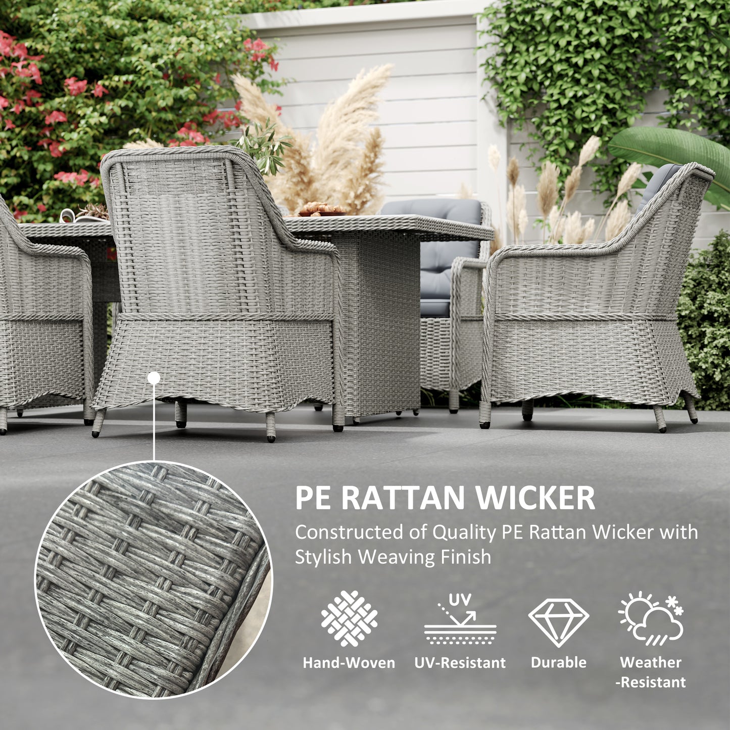 6 Seater Rattan Dining Set with Glass Top Table and Cushions, Grey