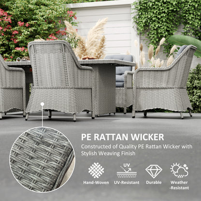 6 Seater Rattan Dining Set with Glass Top Table and Cushions, Grey
