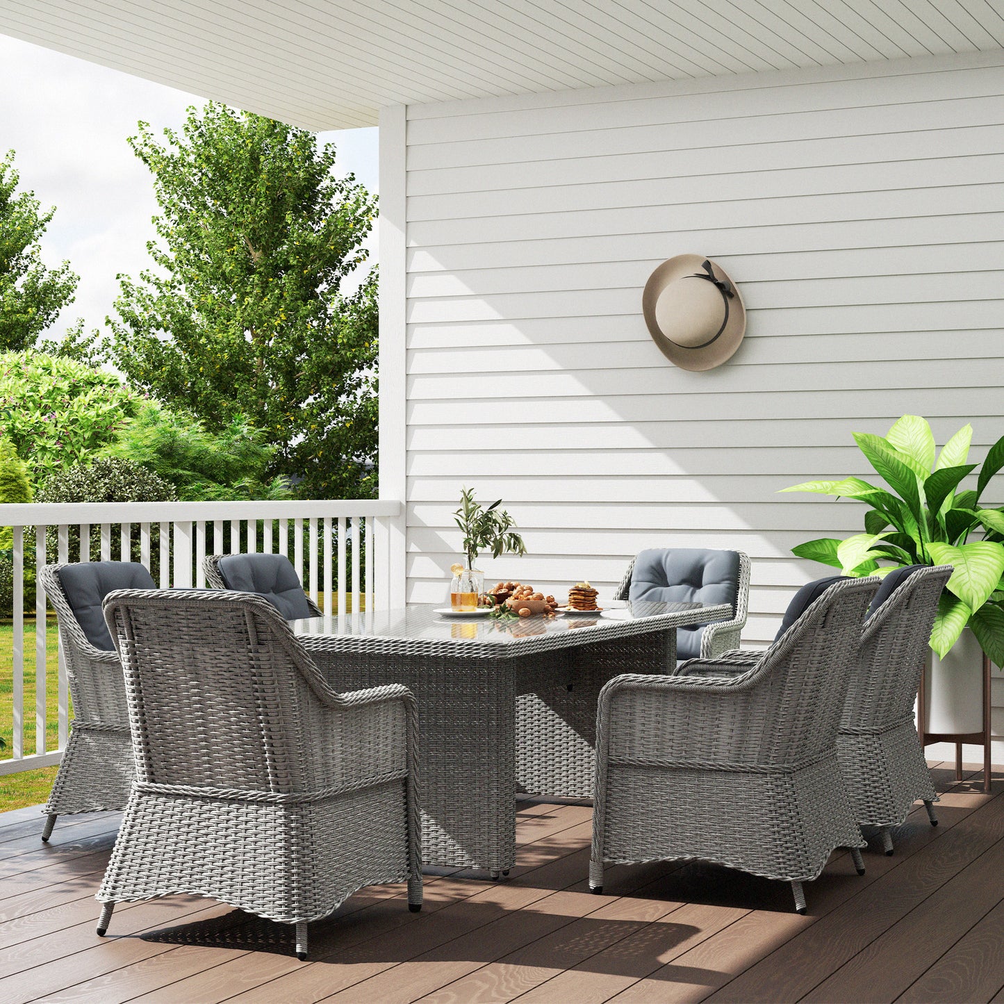 6 Seater Rattan Dining Set with Glass Top Table and Cushions, Grey