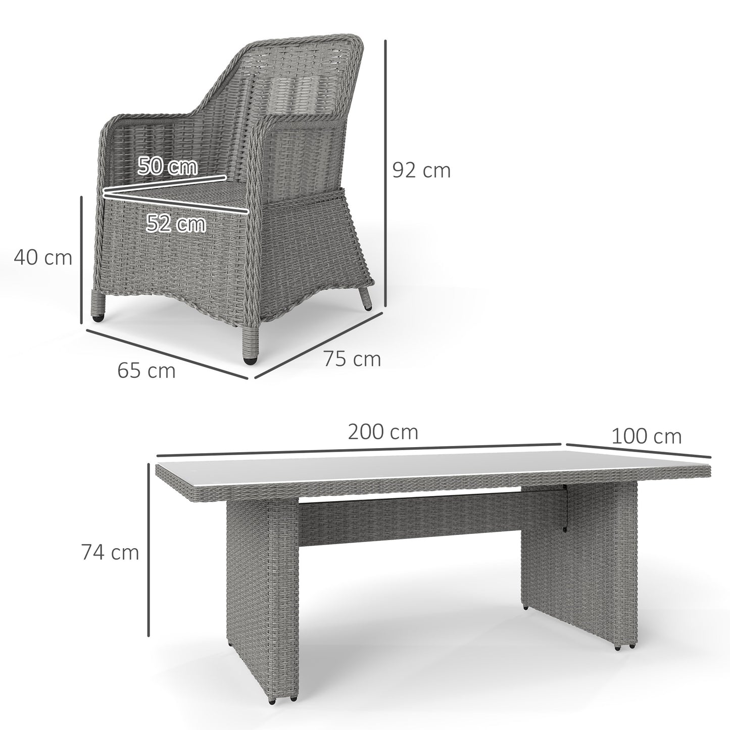 6 Seater Rattan Dining Set with Glass Top Table and Cushions, Grey