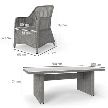 6 Seater Rattan Dining Set with Glass Top Table and Cushions, Grey