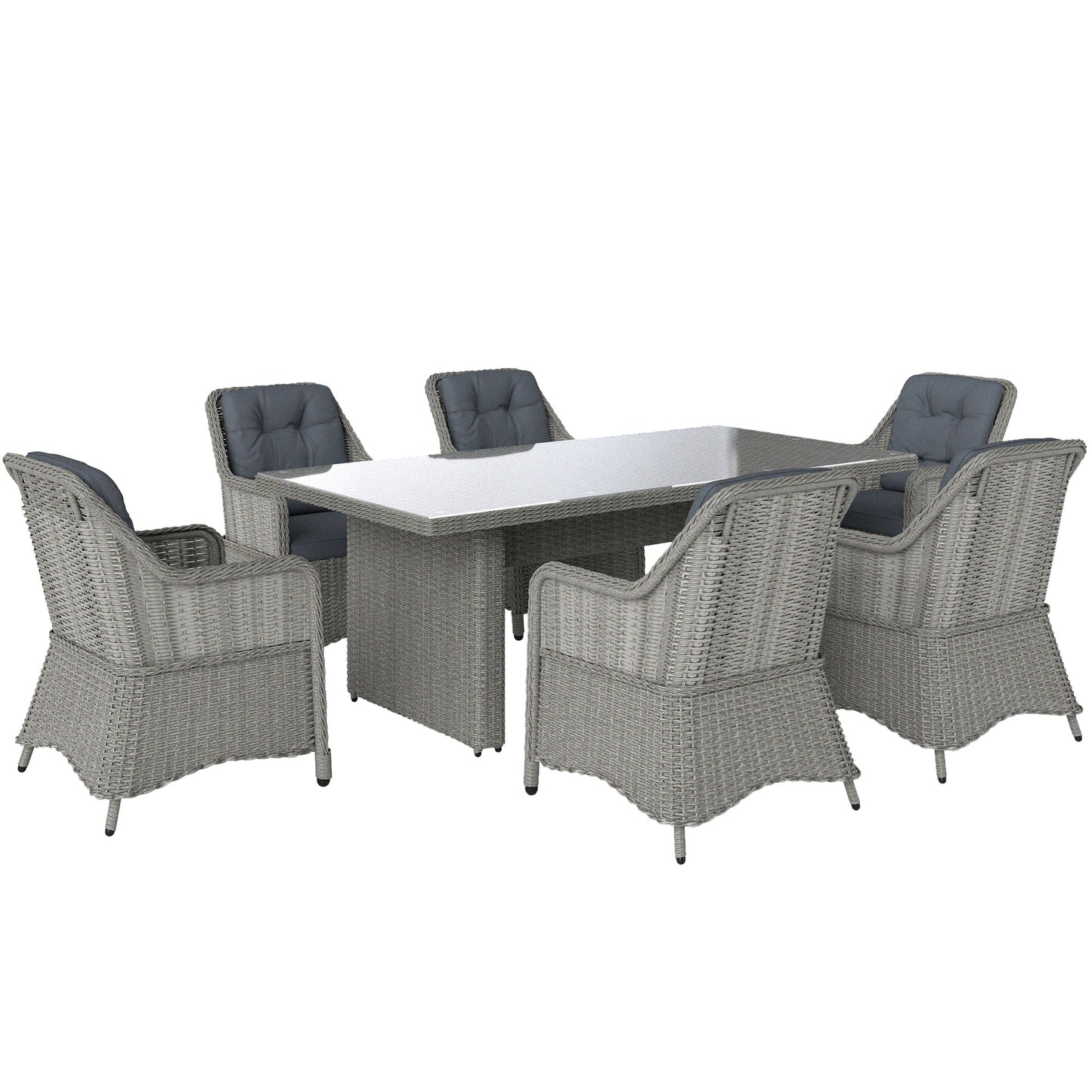 6 Seater Rattan Dining Set with Glass Top Table and Cushions, Grey