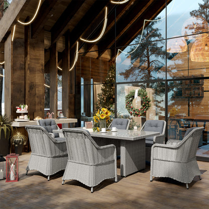 6 Seater Rattan Dining Set with Glass Top Table and Cushions, Grey
