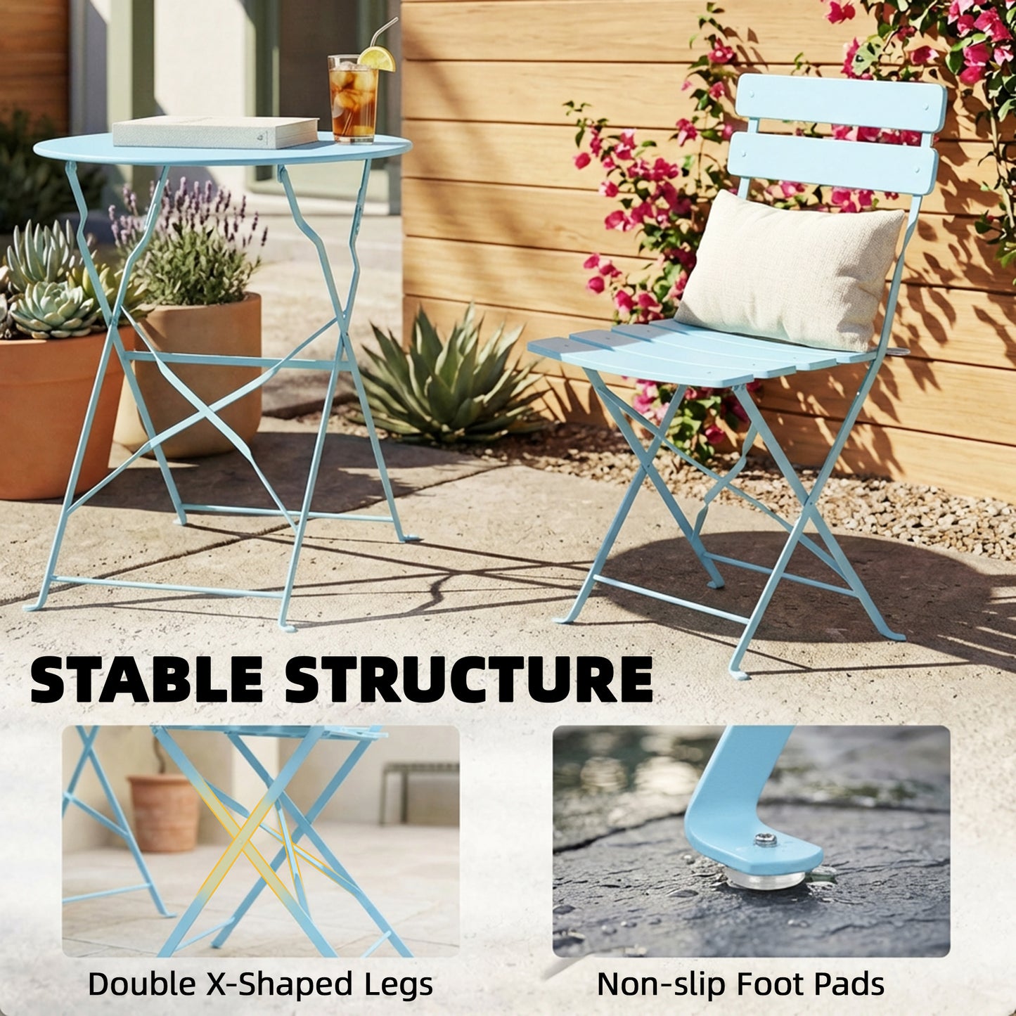 Folding Bistro Set with Round Garden Table and Chairs, Light Blue