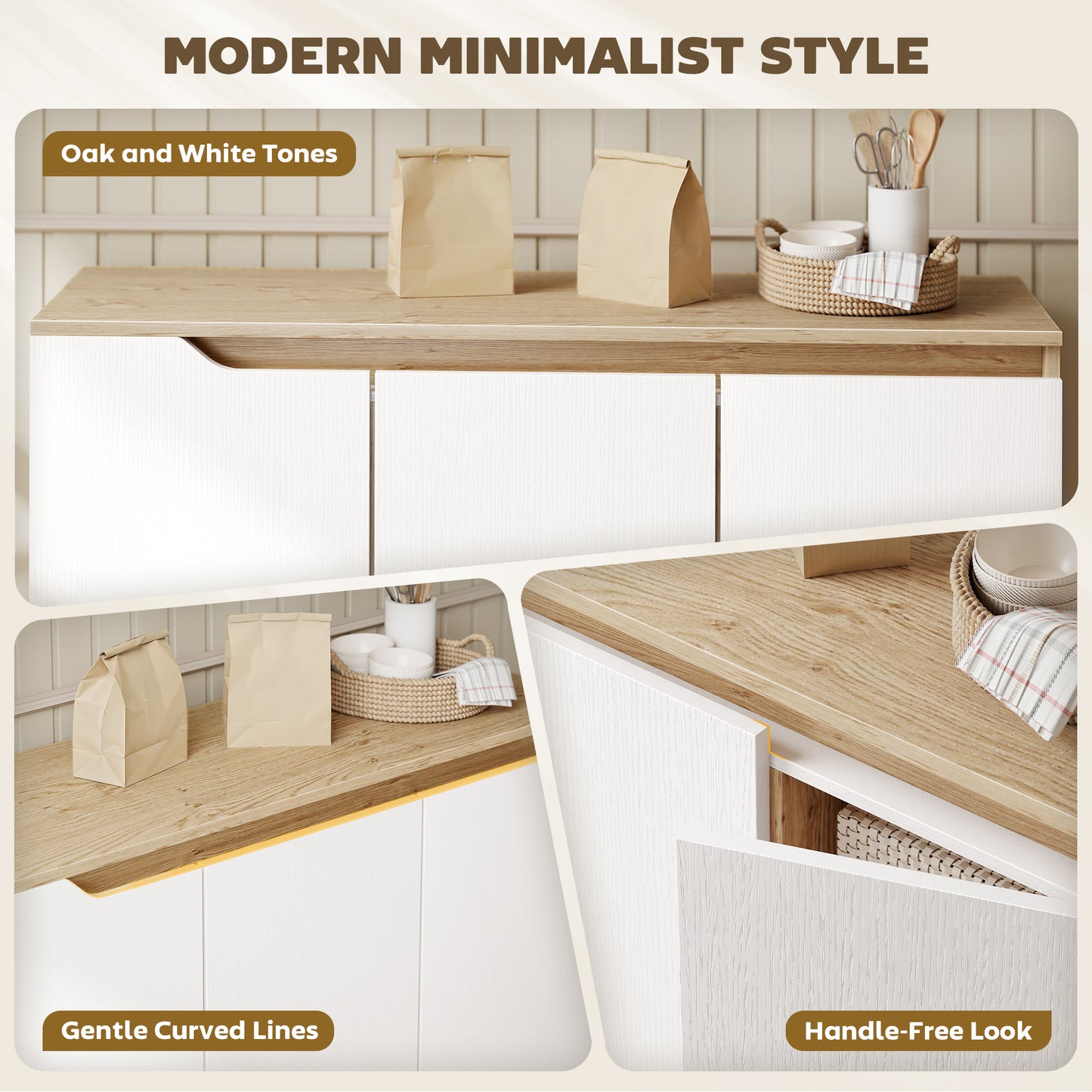 Sideboard Storage Cabinet with 5 Rubberwood Legs, White and Oak