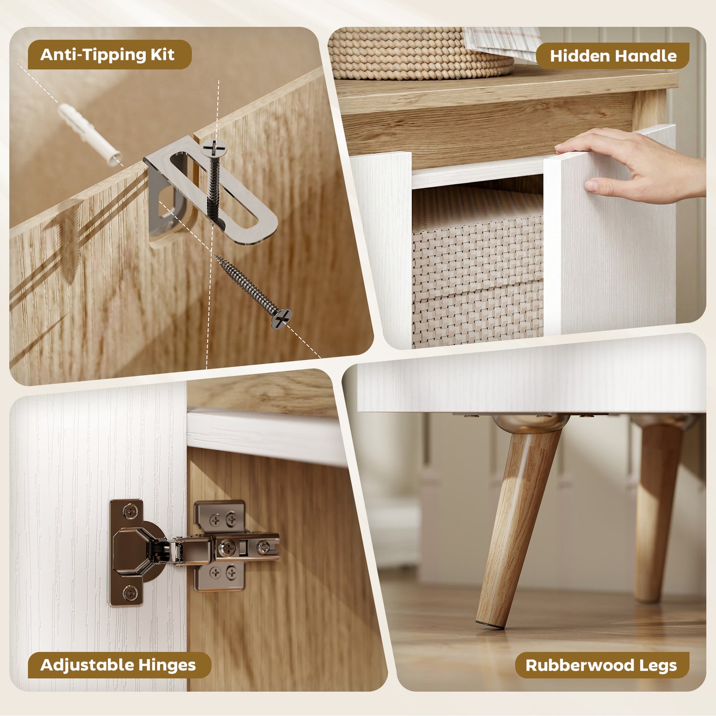 Sideboard Storage Cabinet with 5 Rubberwood Legs, White and Oak