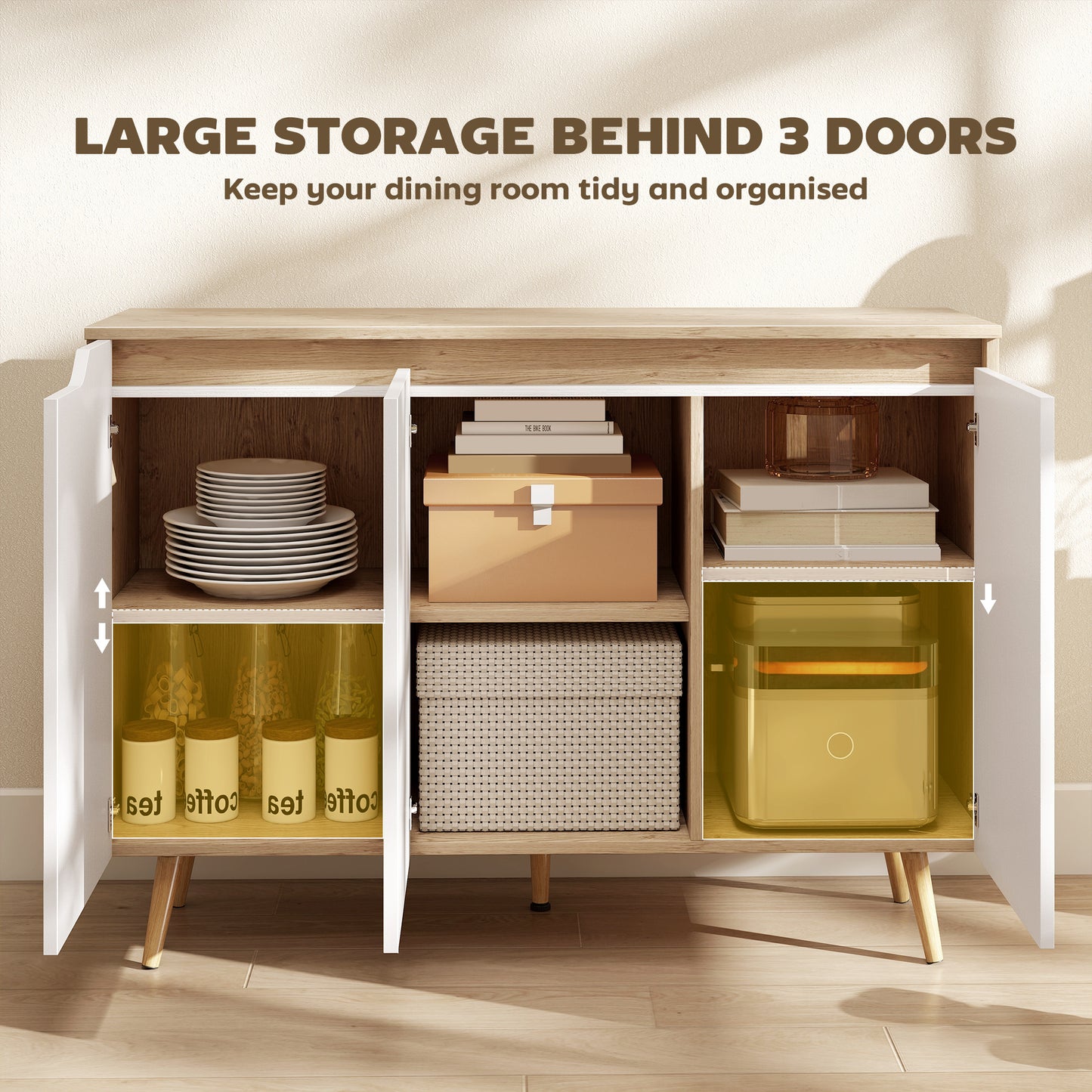 Sideboard Storage Cabinet with 5 Rubberwood Legs, White and Oak