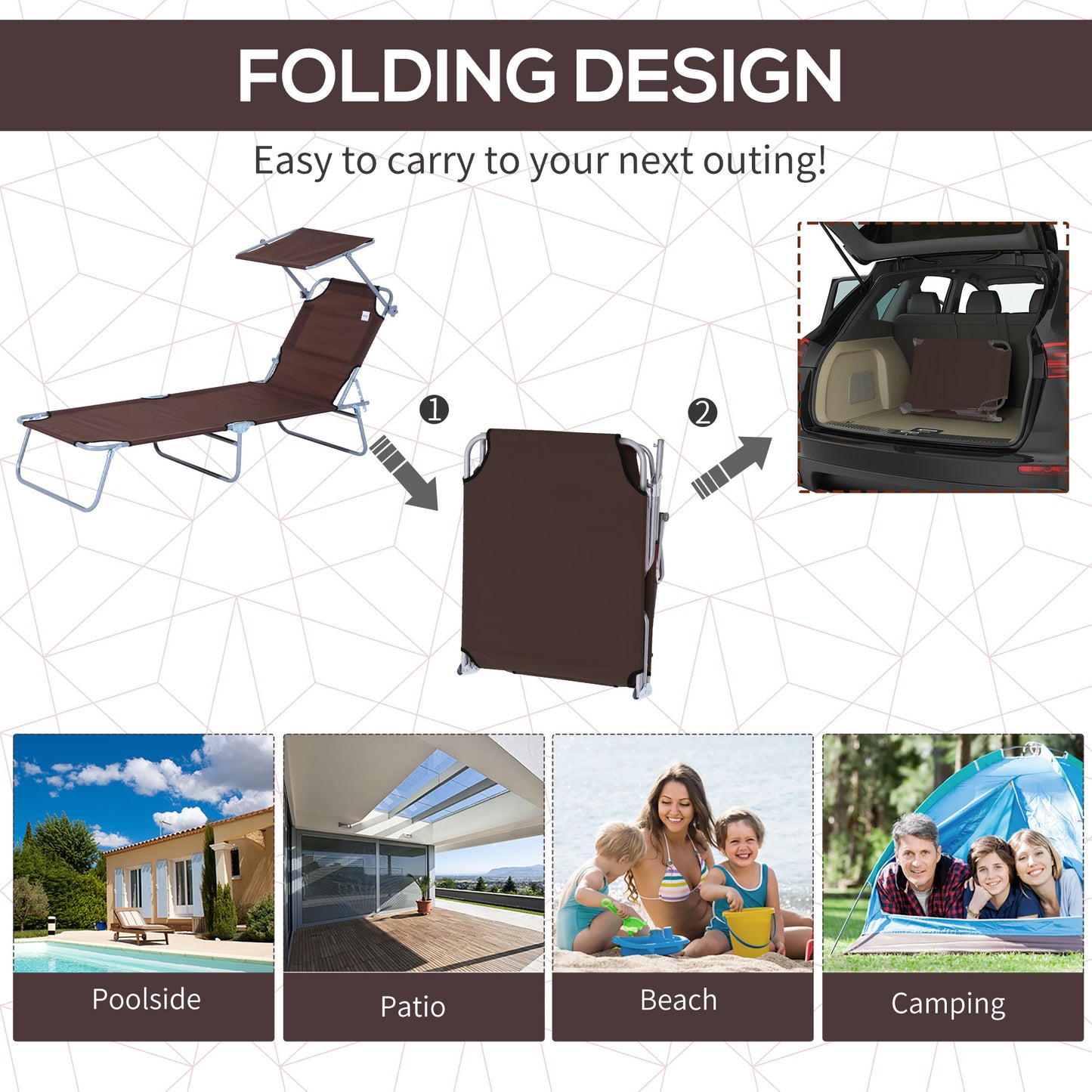 Reclining Chair Sun Lounger Folding Lounger Seat with Sun Shade Awning Beach Garden Outdoor Patio Lounger Adjustable (Brown)