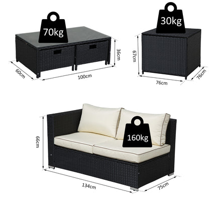 Outsunny 4 Pcs Rattan Wicker Garden Furniture Patio Sofa Storage & Table Set w/ 2 Drawers Coffee Table,Great Cushioned 4 Seats Corner Sofa - Black