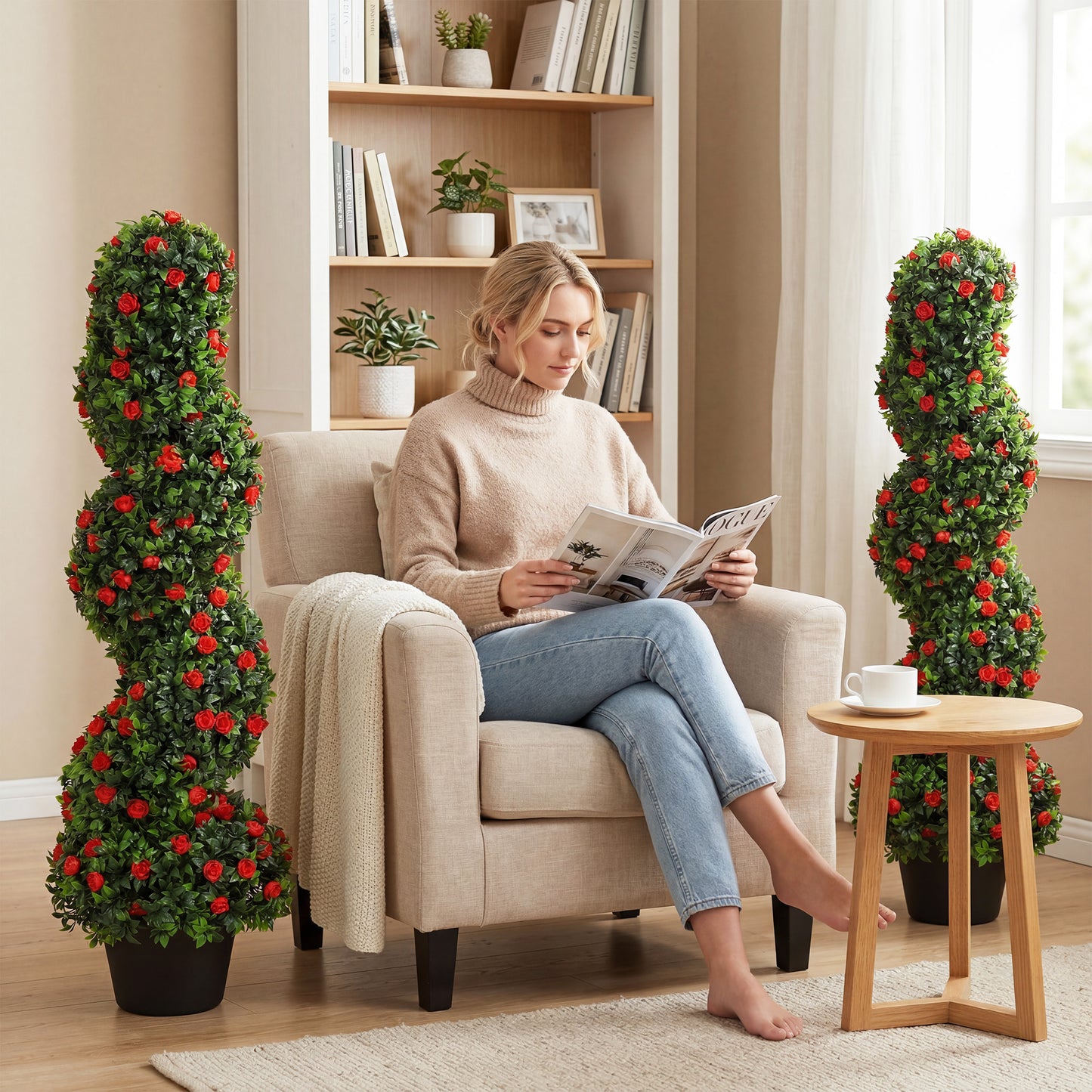 Artificial Rose Spiral Topiary Tree for Indoor Outdoor, Set of 2