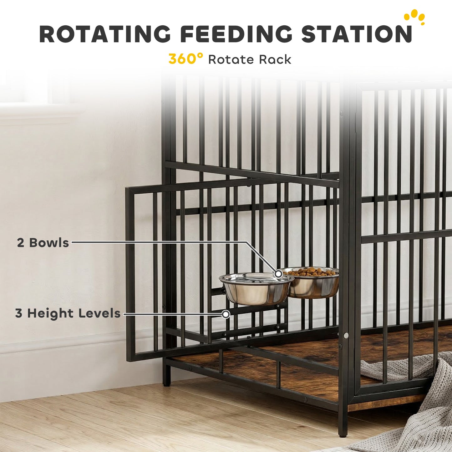 Dog Crate Furniture, Dog Cage with Rotatable Feeding Station