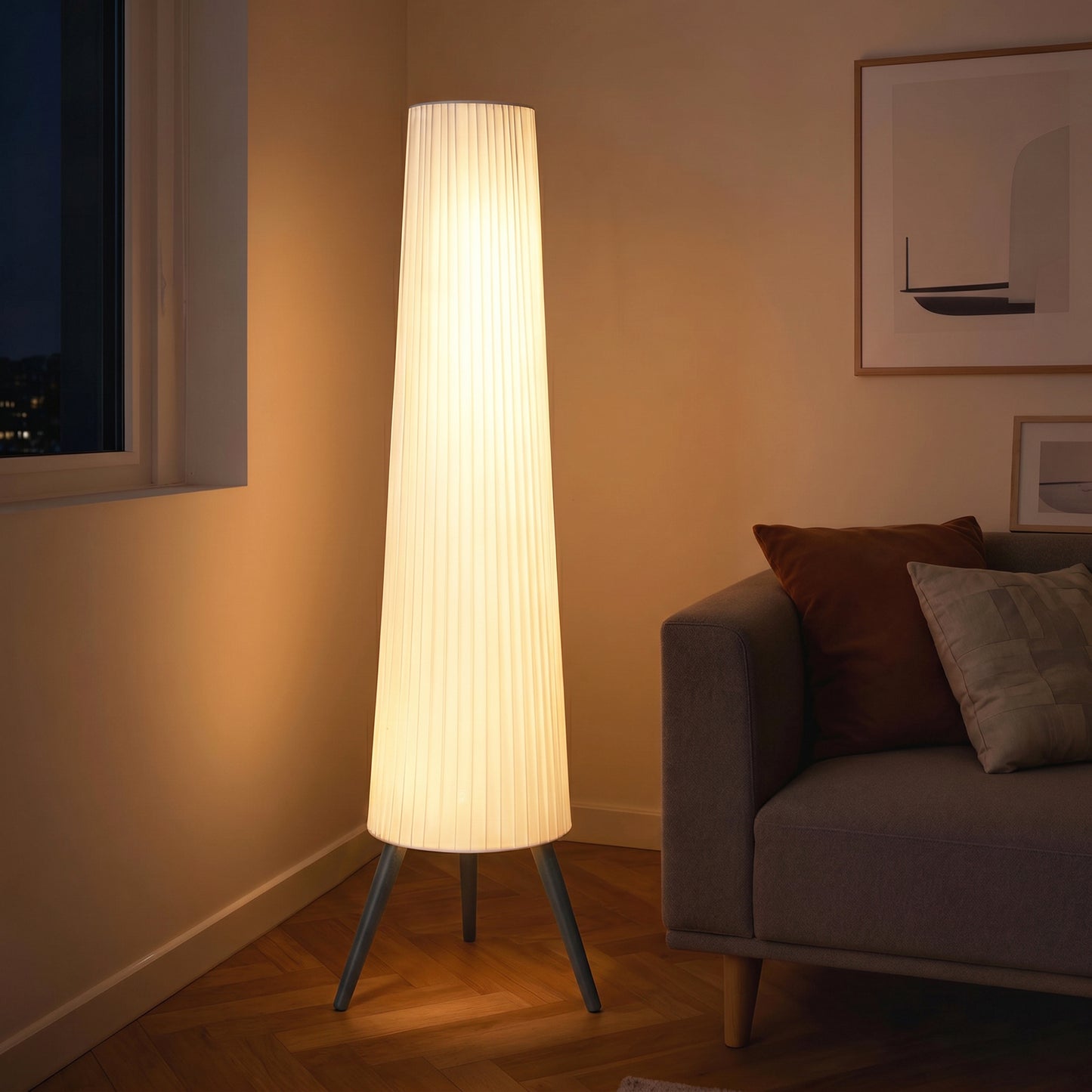 Dimmable Tripod Floor Lamp with Foot Switch, Nordic Standing Lamp with Fabric Shade for Living Room, Bedroom, Office, 153cm, White and Grey