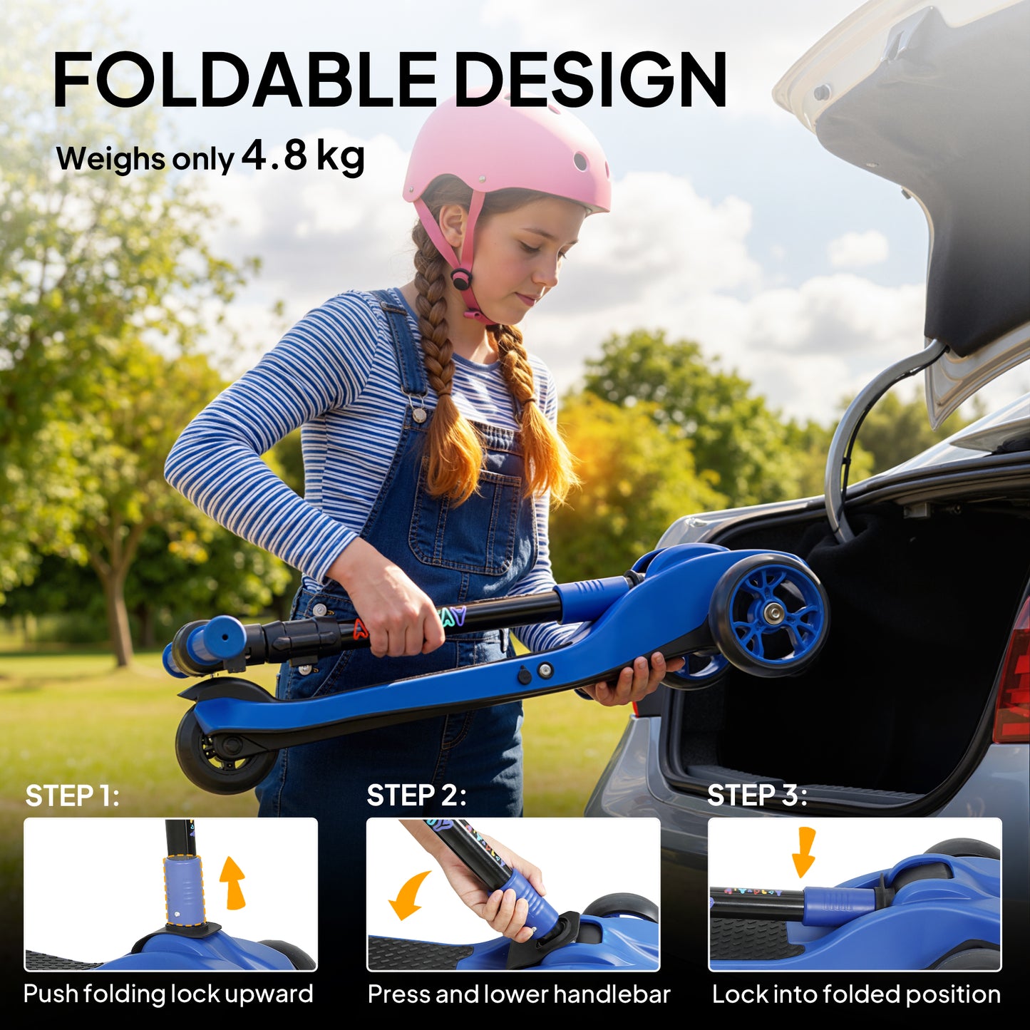 Electric Scooter for Age 6-10, 3 Wheel Foldable Kids Scooter, Blue