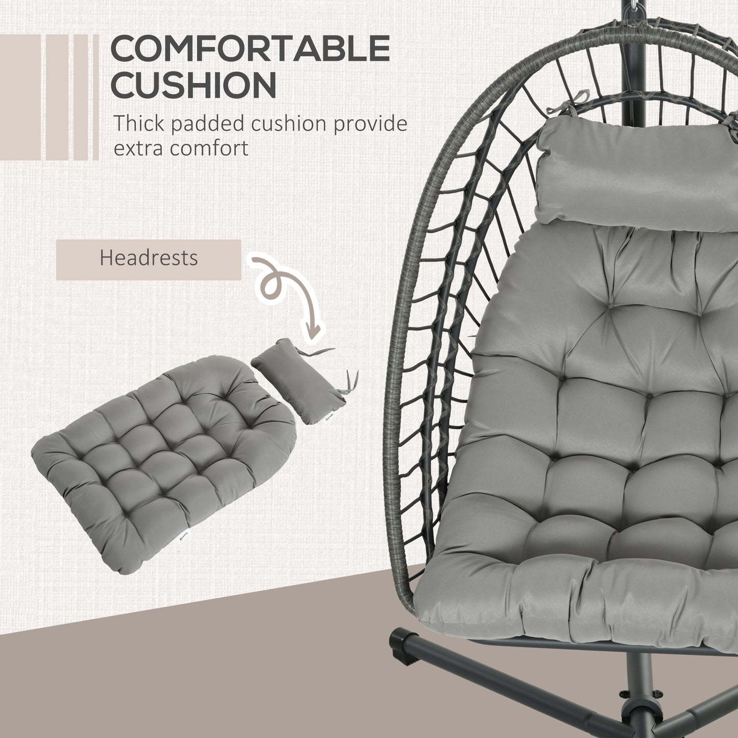 Outdoor PE Rattan Swing Chair with Thick Padded Cushion, Foldable Basket Patio Hanging Chair with Metal Stand, Headrest