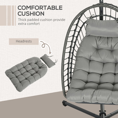 Outdoor PE Rattan Swing Chair with Thick Padded Cushion, Foldable Basket Patio Hanging Chair with Metal Stand, Headrest