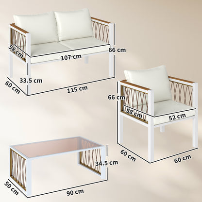 4 Seater Rattan Garden Furniture Set with Metal Frame, Cream White