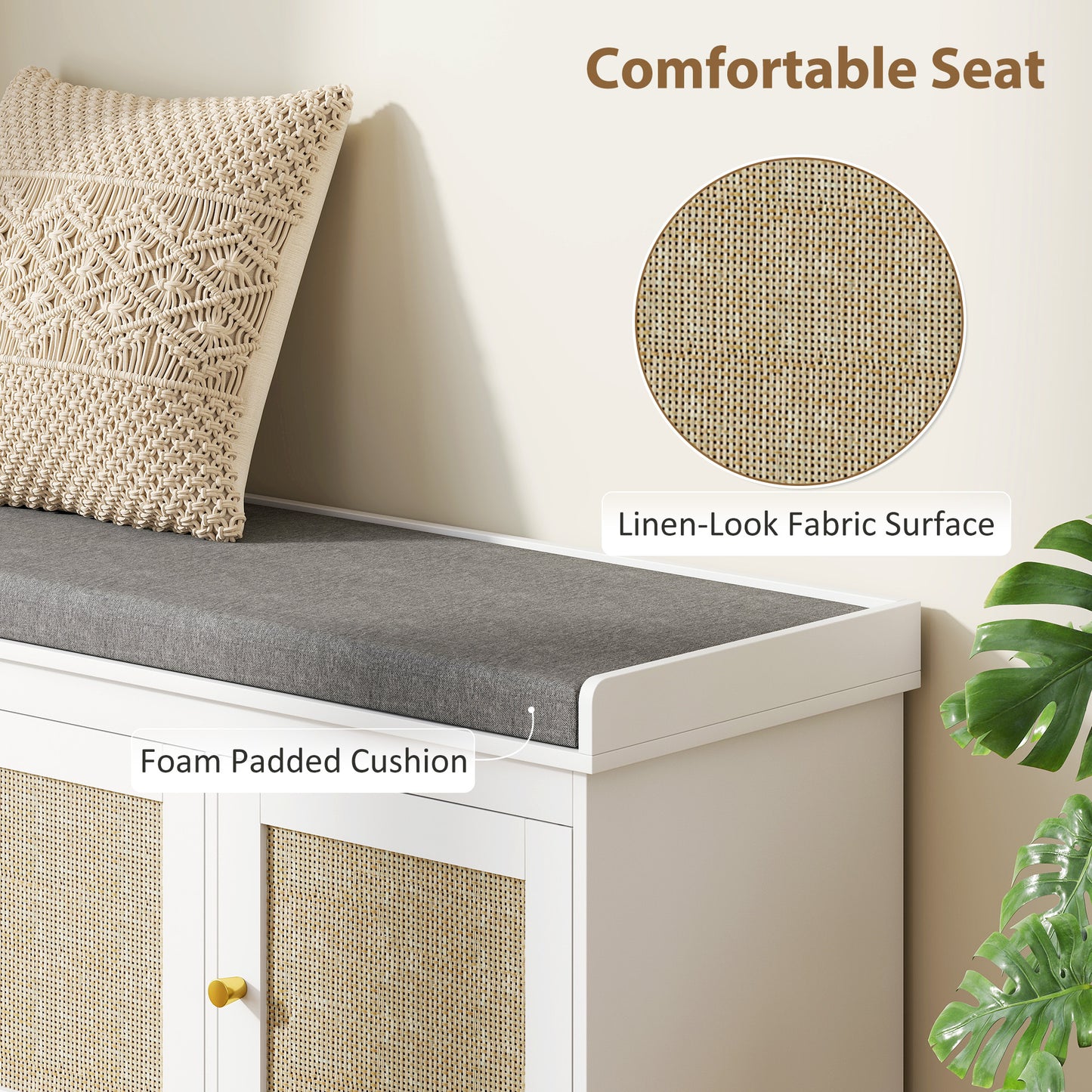 Shoe Storage Bench with Rattan Doors, Cushion, Entryway Shoe Bench