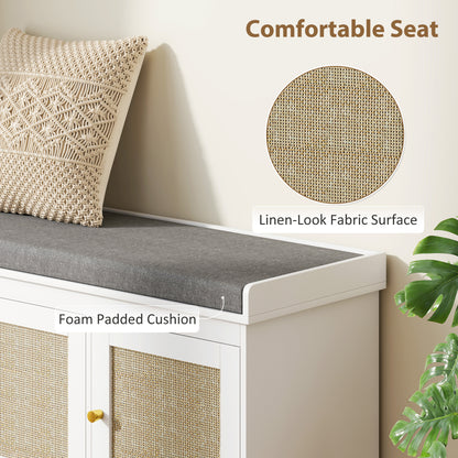 Shoe Storage Bench with Rattan Doors, Cushion, Entryway Shoe Bench