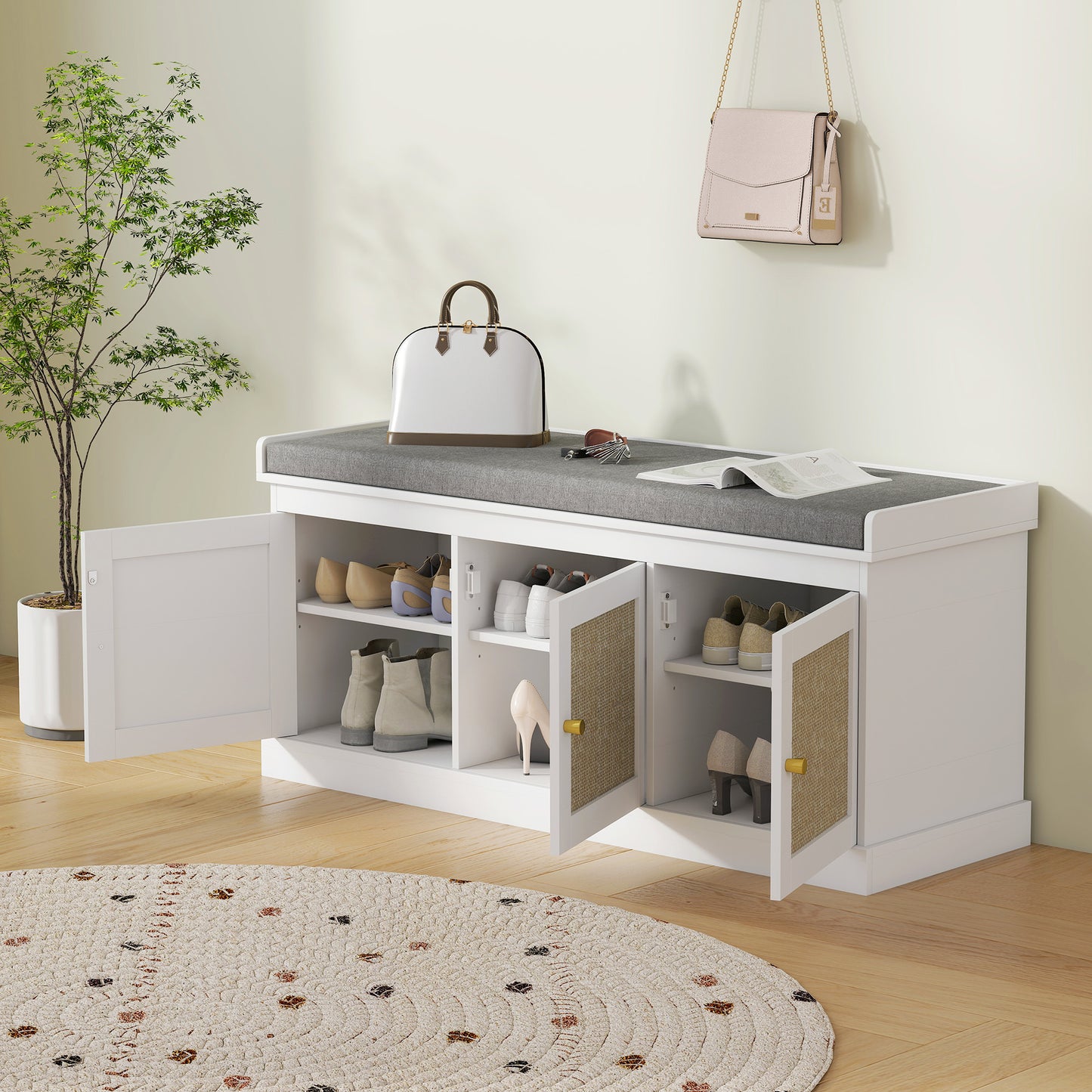 Shoe Storage Bench with Rattan Doors, Cushion, Entryway Shoe Bench