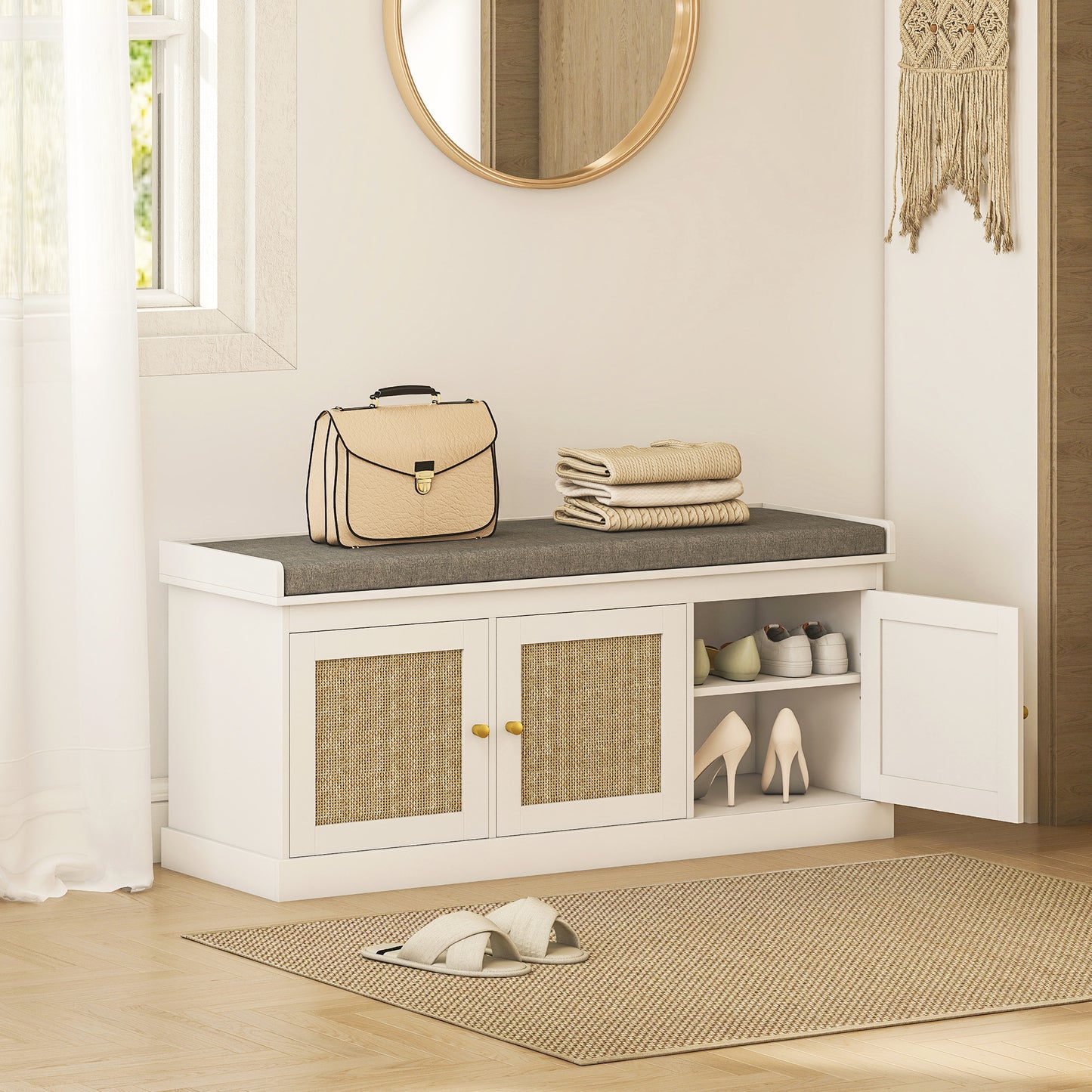 Shoe Storage Bench with Rattan Doors, Cushion, Entryway Shoe Bench