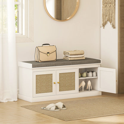 Shoe Storage Bench with Rattan Doors, Cushion, Entryway Shoe Bench