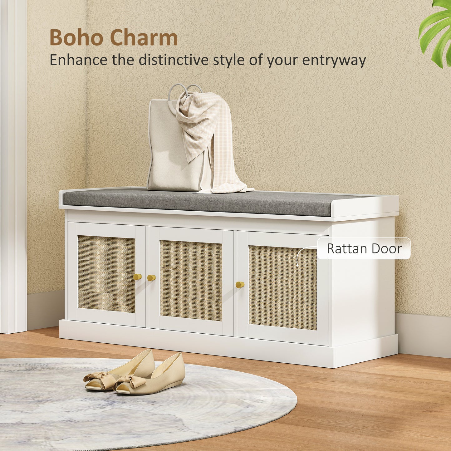 Shoe Storage Bench with Rattan Doors, Cushion, Entryway Shoe Bench