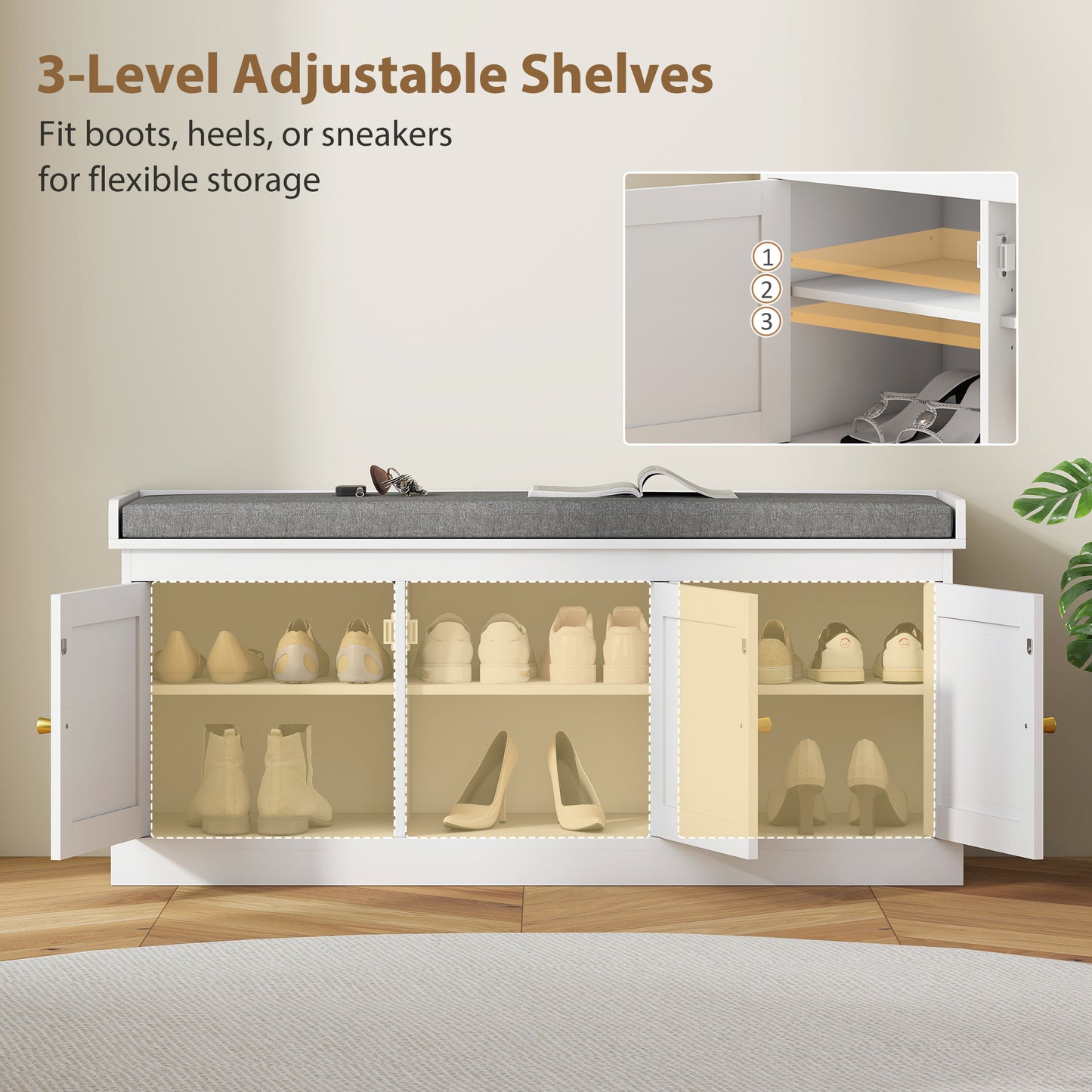 Shoe Storage Bench with Rattan Doors, Cushion, Entryway Shoe Bench