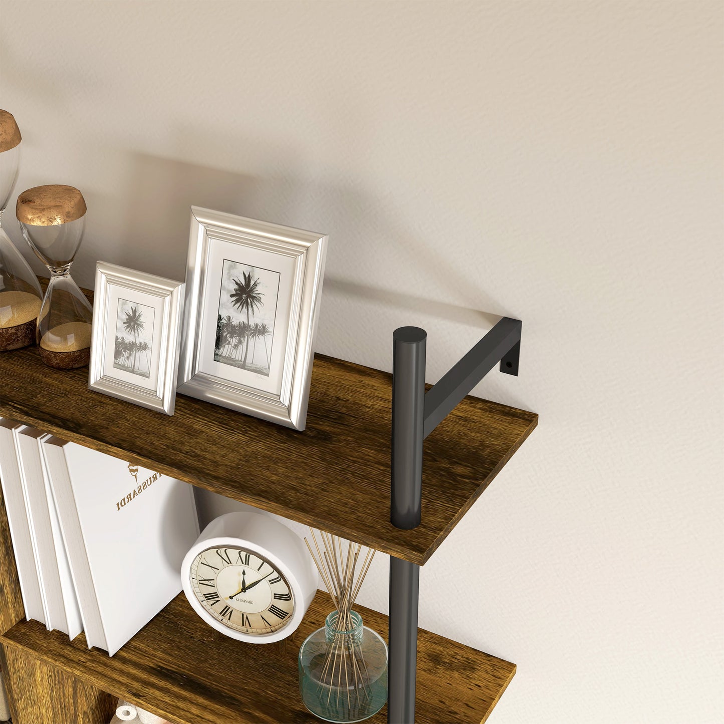 Wall Shelf Unit with 4 Hooks for Living Room Rustic Brown