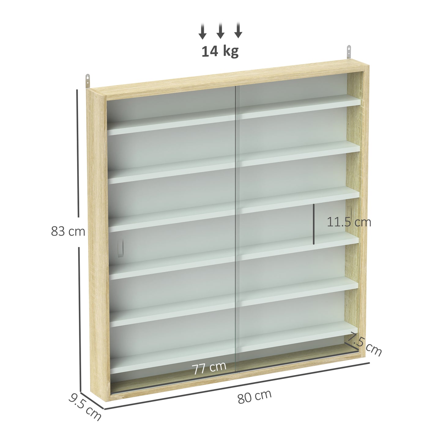 7-Tier Wall Display Cabinet w/ Shelves Glass Doors, Oak