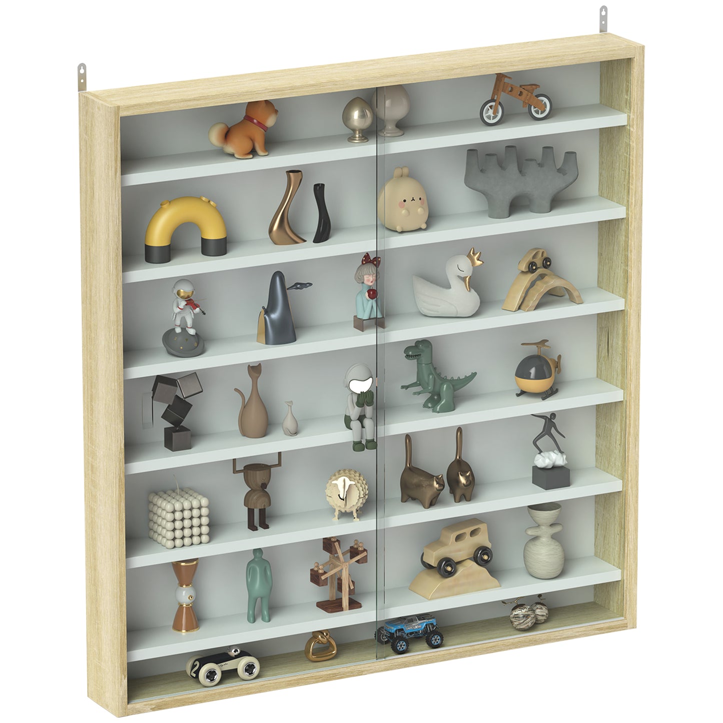 7-Tier Wall Display Cabinet w/ Shelves Glass Doors, Oak