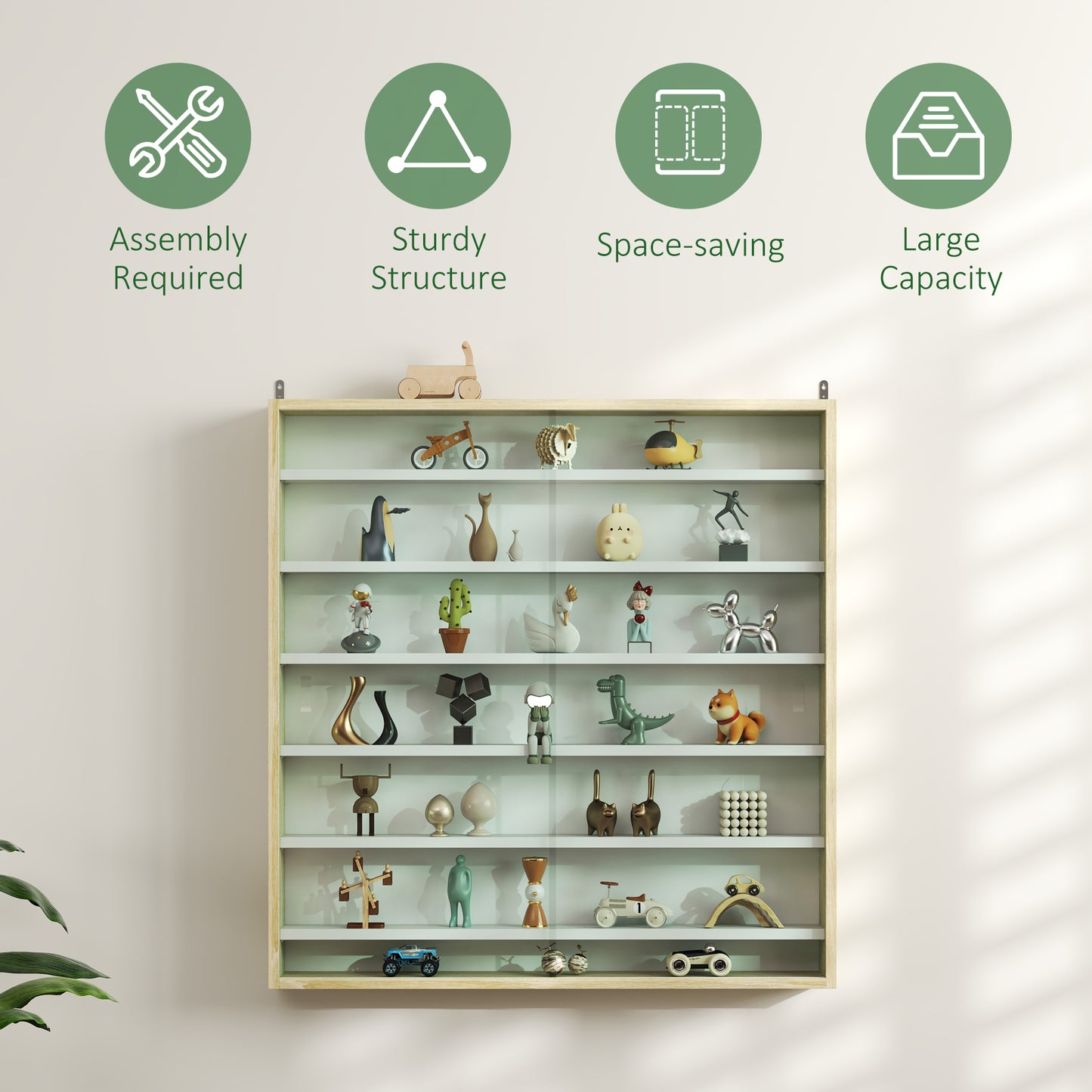 7-Tier Wall Display Cabinet w/ Shelves Glass Doors, Oak