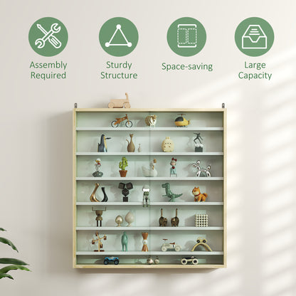 7-Tier Wall Display Cabinet w/ Shelves Glass Doors, Oak