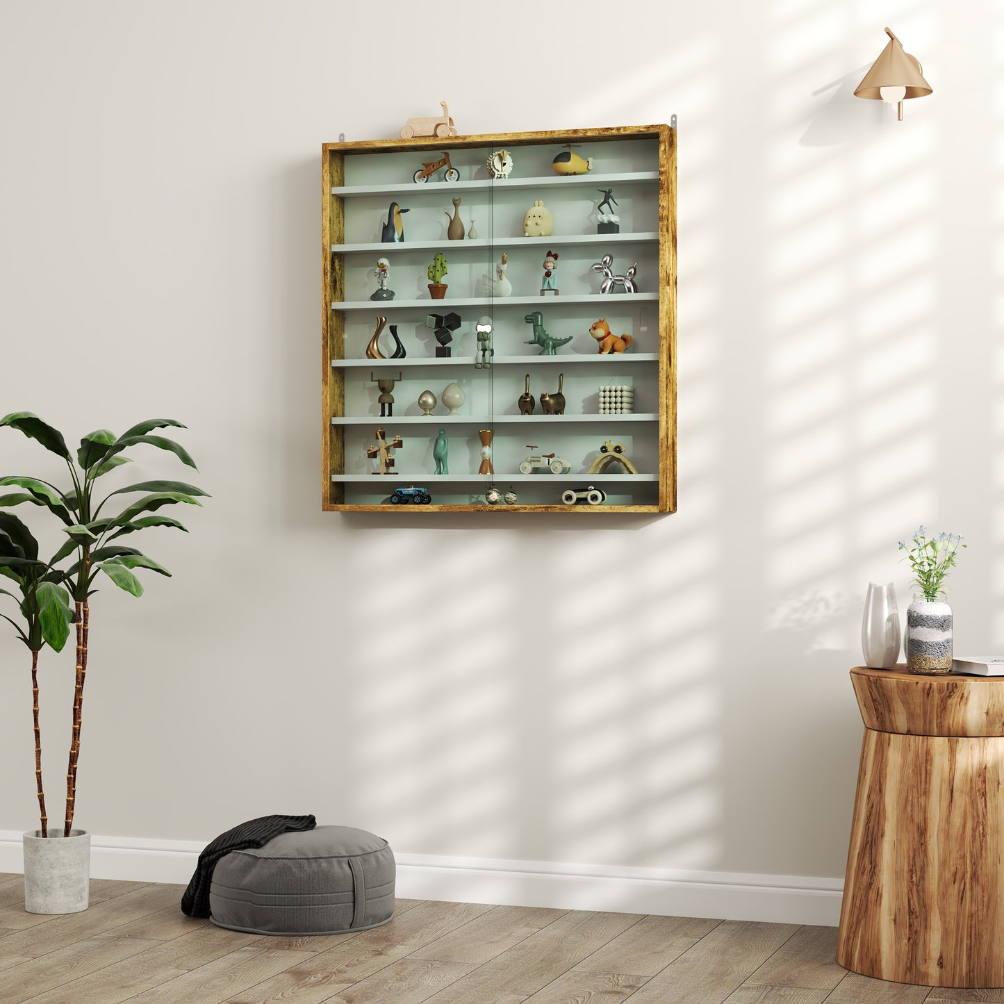7-Tier Wall Display Cabinet w/ Shelves Glass Doors, Oak