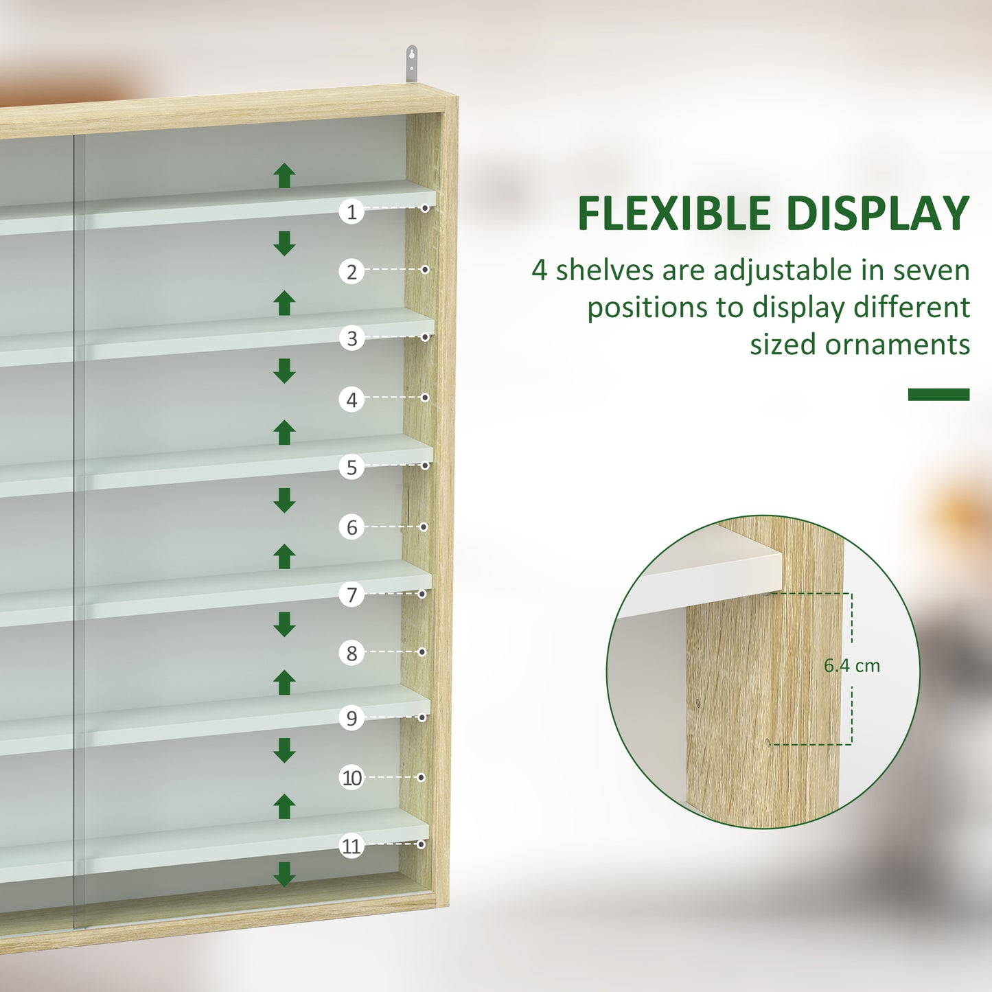 7-Tier Wall Display Cabinet w/ Shelves Glass Doors, Oak