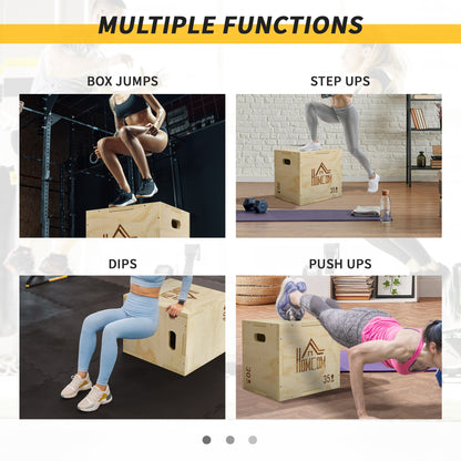 3-in-1 Wooden Plyo Box, Plyometric Jump Box with Handle Openings for Home Gym, Workout Training, 12" x 14" x 16", Natural