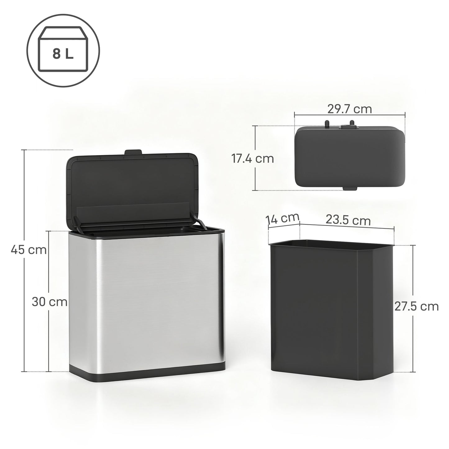 8L Hanging Kitchen Bin, Rubbish bin w/ Stay-Open Lid for Under Sink