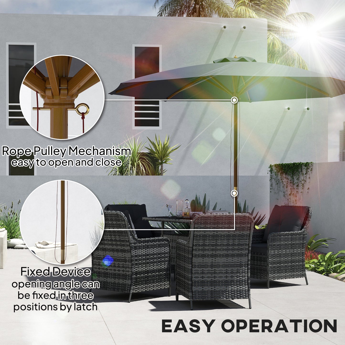 Wooden Garden Parasol with Rope Pulley Mechanism, Dark Grey