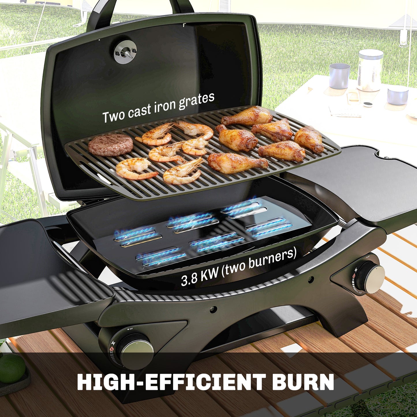 2 Burner Gas Grill, Tabletop BBQ with Cast Iron Grates, Black