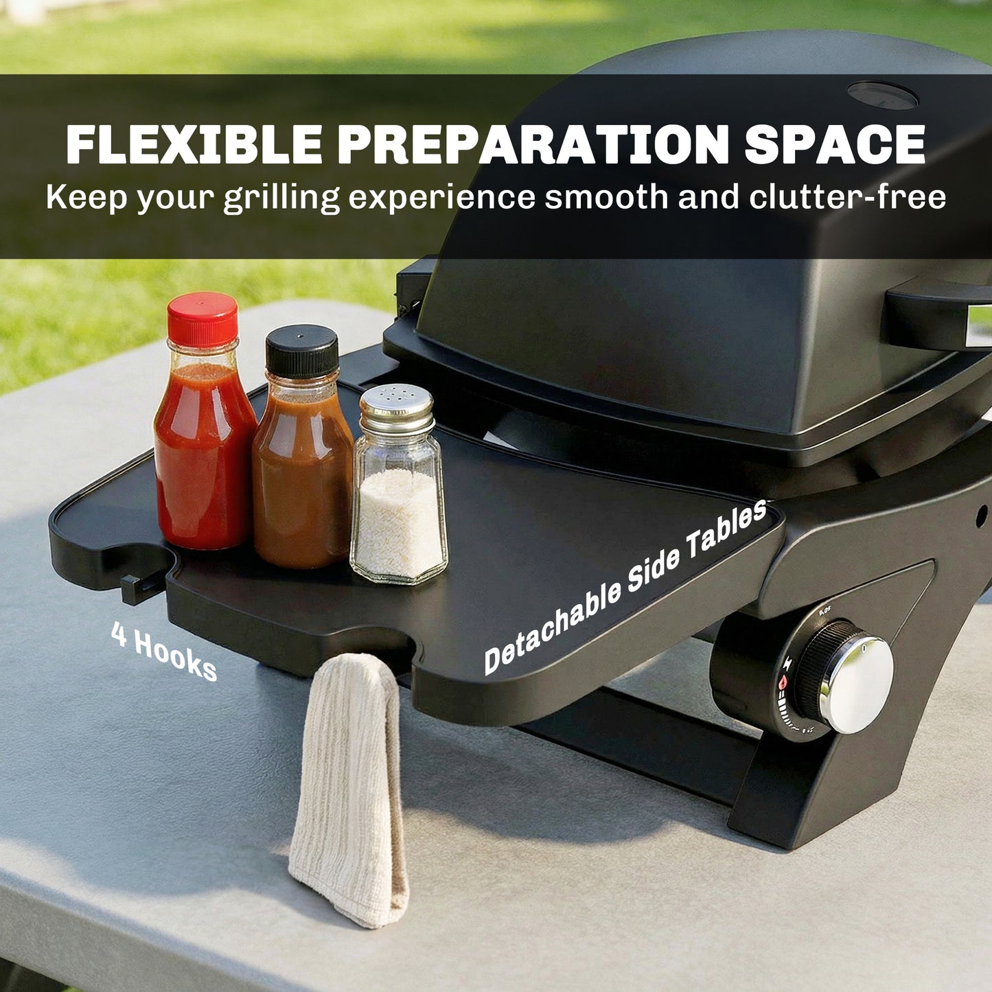 2 Burner Gas Grill, Tabletop BBQ with Cast Iron Grates, Black